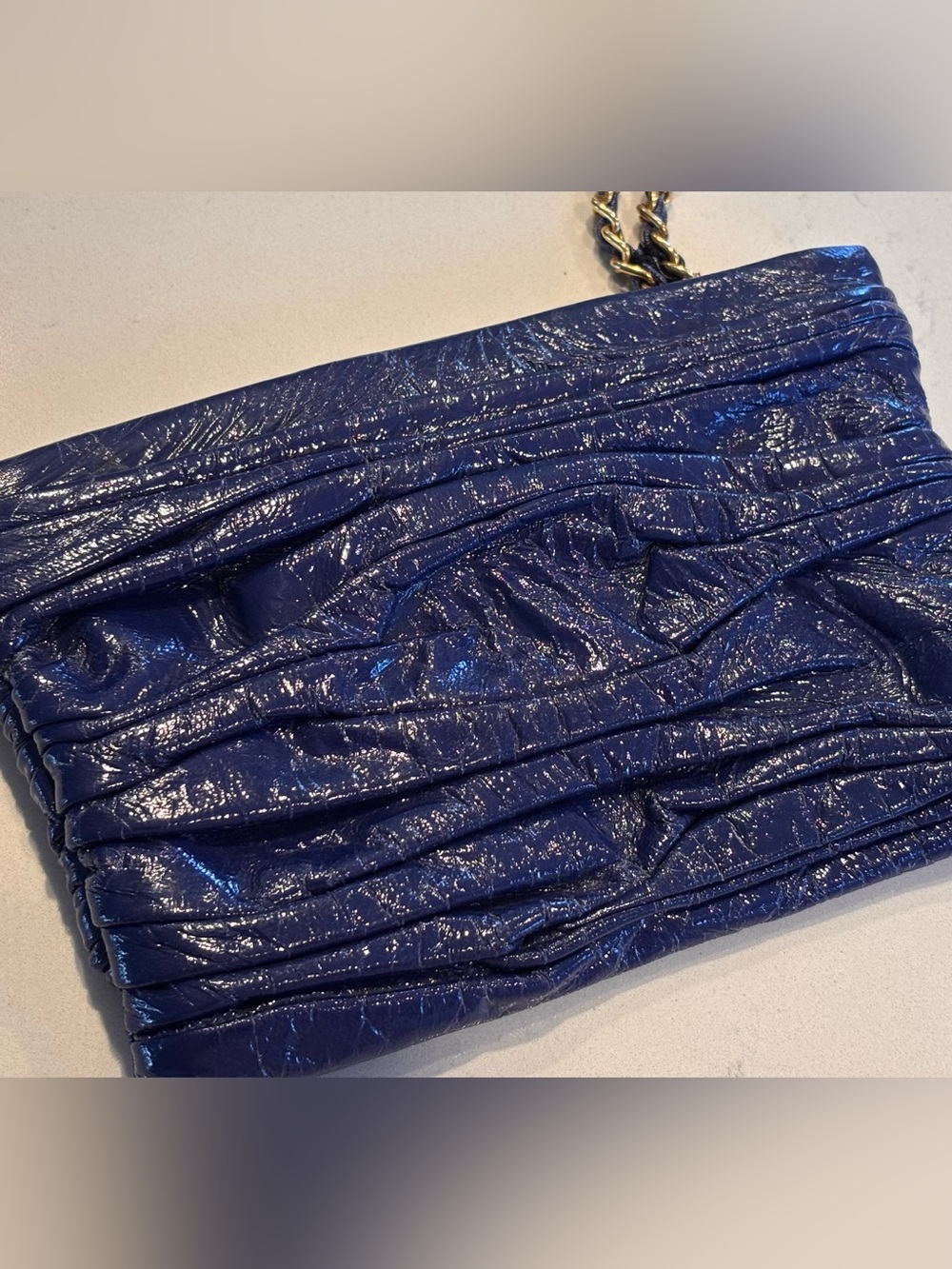 Onna Ehrlich Blue Ruched Glossy Patent Clutch Wristlet